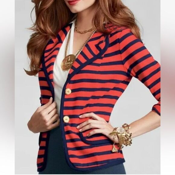 Cabi Yacht Club Blazer Small Red Navy Stripe Nautical Cotton Jacket - Picture 1 of 10